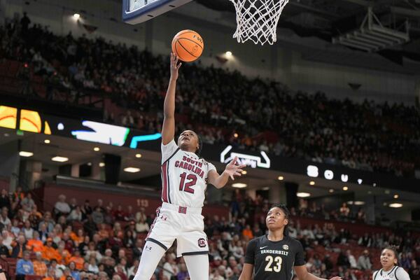 South Carolina guard MiLaysia Fulwiley (12) shoots during an NCAA college basketball game against Vanderbilt in the quarterfinals of the Southeastern Conference tournament, Friday, March 7, 2025, in Greenville, S.C. (AP Photo/David Yeazell)