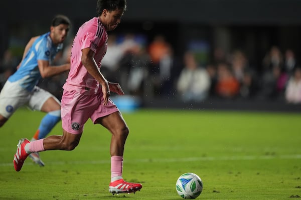 Inter Miami midfielder Telasco Segovia lines up to score his side's second goal against New York City FC, to tie the game in the final minutes of stoppage time of an MLS soccer match, Saturday, Feb. 22, 2025, in Fort Lauderdale, Fla. (AP Photo/Rebecca Blackwell)