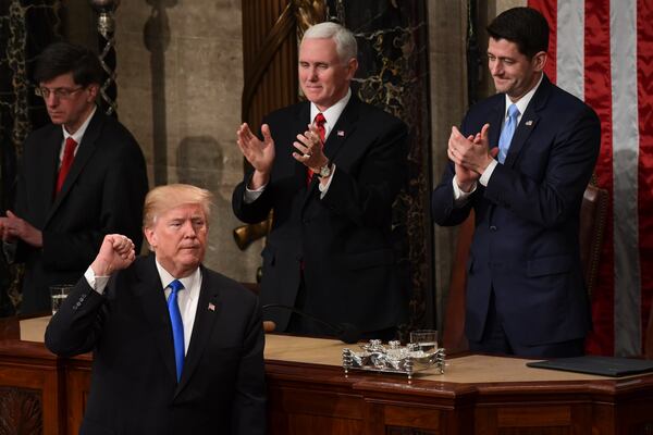 FILE - President Donald Trump gestures at the end of his State of the Union address to a joint session of Congress on Capitol Hill in Washington, Tuesday, Jan. 30, 2018. (AP Photo/Susan Walsh)