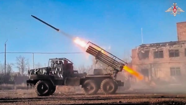 In this photo taken from video distributed by Russian Defense Ministry Press Service on Saturday, March 15, 2025, a Russian "Grad" self-propelled multiple rocket launcher fires towards Ukrainian positions near Chasiv Yar, Donetsk region, Ukraine. (Russian Defense Ministry Press Service via AP)