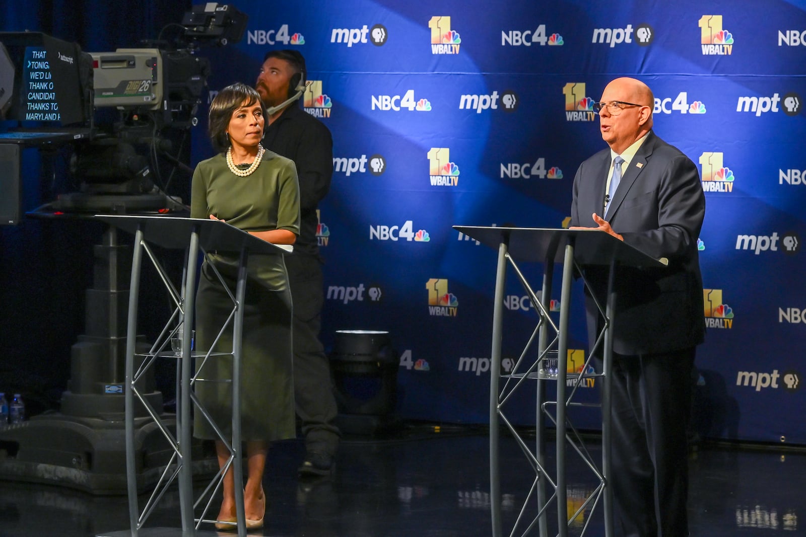 In this photo provided by Maryland Public Television, U.S. Senate in Maryland candidate Republican Larry Hogan speaks during a debate against fellow-candidate, Democrat Angela Alsobrooks at Maryland Public Television in Owings Mills, Md., Thursday, Oct. 10, 2024. (Michael Ciesielski Photography/Maryland Public Television via AP)