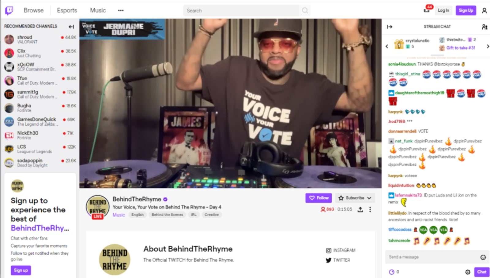 Screenshot of Jermaine Dupri's DJ Set at the "Your Voice Your Vote" pre-show for the Democratic National Convention.