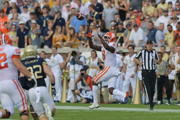 September 22, 2018 Atlanta - Clemson wide receiver Justyn Ross (8) exploited a breakdown in Georgia Tech’s pass coverage to score on a 53-yard pass play.  HYOSUB SHIN / HSHIN@AJC.COM