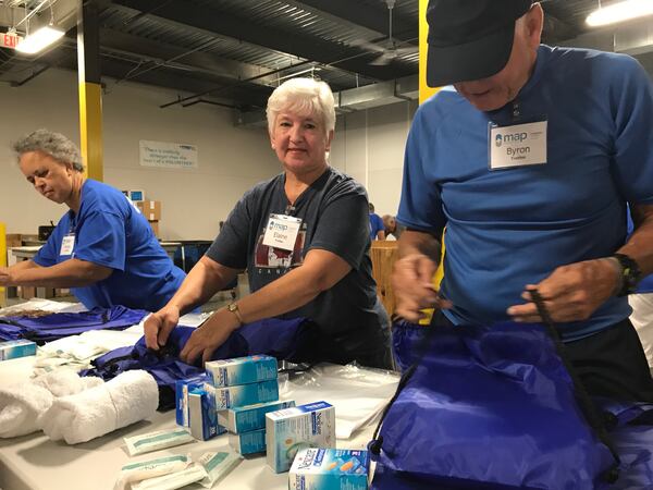 MAP Volunteers Phyllis Jackson, Elaine Trotter and Byron Trotter helped pack 1,000 MAP International Disaster Health Kits  to help people affected by Hurricane Michael.