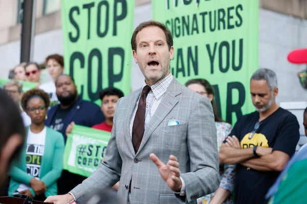 Kurt Kastorf, a legal counsel of the opponents of Atlanta’s planned public safety training center, speaks during a press conference outside Atlanta City Hall on Monday, Sept. 11, 2023. Many organizations aligned with the forest defenders intended to present their petition with 100,000 signatures to Atlanta on Monday, Sept. 10, 2023.Miguel Martinez /miguel.martinezjimenez@ajc.com