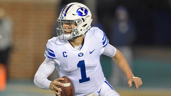 BYU quarterback Zach Wilson scrambles during the first half against Coastal Carolina Saturday, Dec. 5, 2020, in Conway, S.C. Coastal Carolina won 22-17. (Richard Shiro/AP)