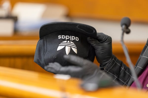 A hat allegedly belonging to Jose Ibarra is presented as evidence during the trial for Ibarra at the Athens-Clarke County Superior Court on Tuesday, Nov. 19, 2024, in Athens, Ga. (Arvin Temkar/Atlanta Journal-Constitution via AP, Pool)