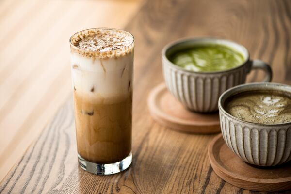 Momonoki Okinawa Brown Sugar Latte,  Matcha Latte and Hoji Cha Latte. Photo credit- Mia Yakel.