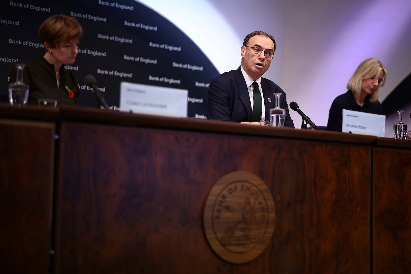 Bank of England Governor Andrew Bailey speaks during the central bank's Monetary Policy Report press conference at the Bank of England, in London, Thursday, Nov. 7, 2024. (Henry Nicholls/Pool Photo via AP)