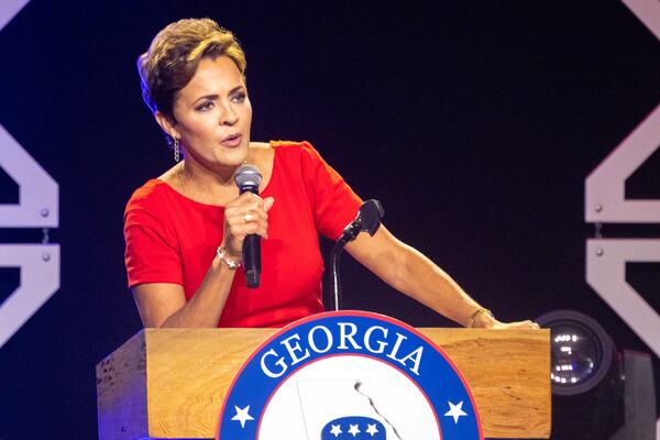 Former Republican gubernatorial candidate Kari Lake speaks at the Georgia GOP convention in Columbus on Friday, June 9, 2023. (Arvin Temkar/The Atlanta Journal-Constitution)