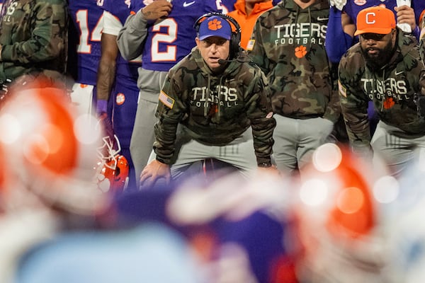 Clemson head coach Dabo Swinney looks on in the second half of an NCAA college football game against Citadel, Saturday, Nov. 23, 2024, in Clemson, S.C. (AP Photo/Jacob Kupferman)