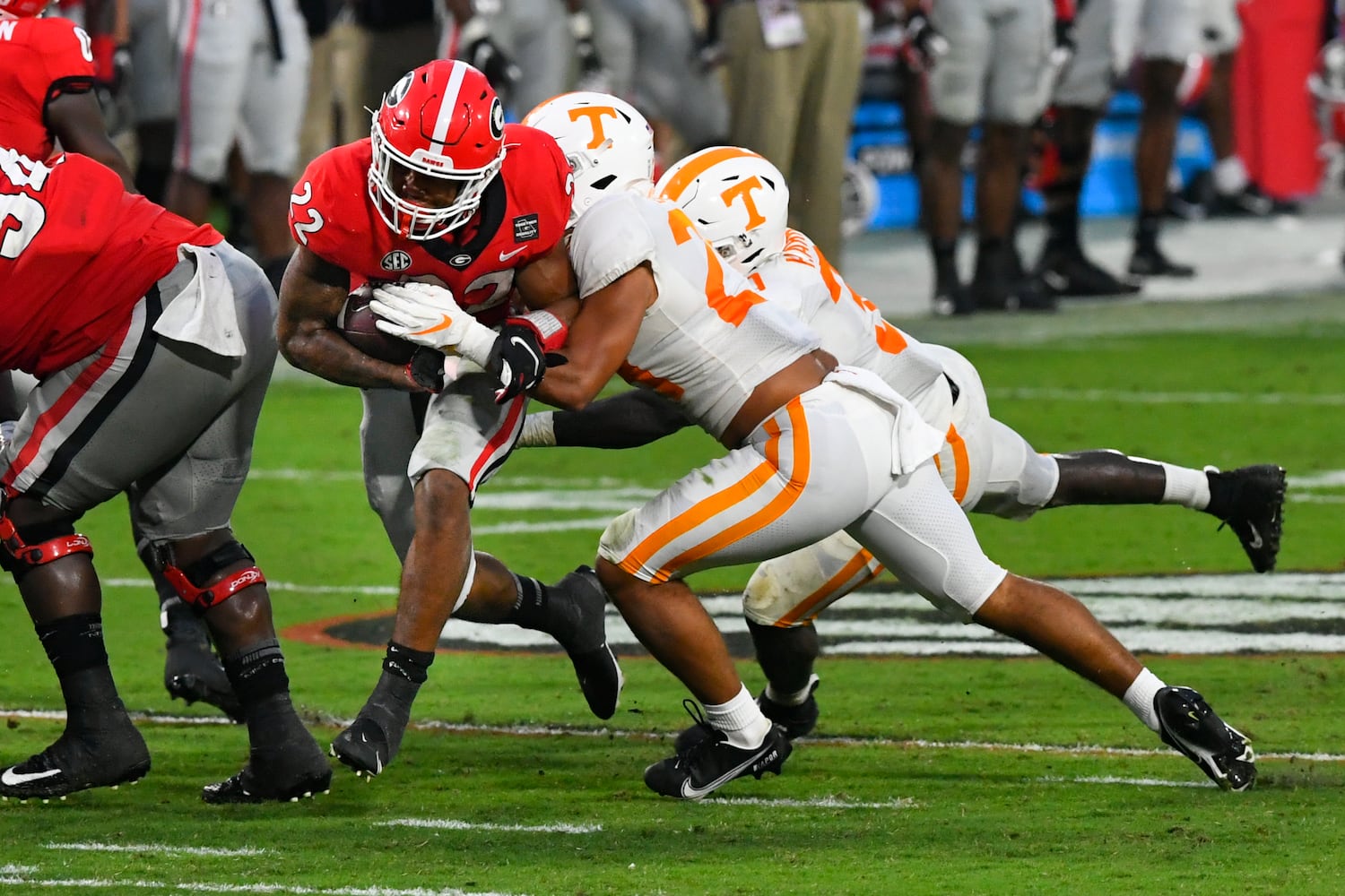 Georgia running back Kendall Milton  rushes against Tennessee during the second half of a football game Saturday, Oct. 10, 2020, at Sanford Stadium in Athens. Georgia won 44-21. JOHN AMIS FOR THE ATLANTA JOURNAL- CONSTITUTION