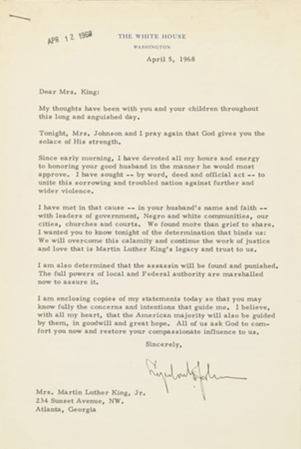 This undated photo released by Sotheby's auction house in New York shows an April 5, 1968, letter of condolence from President Lyndon B. Johnson to Coretta Scott King after the assassination of her husband Martin Luther King Jr. The letter and two other manuscripts, which Sotheby's had planned to sell on behalf of entertainer Harry Belafonte Thursday, Dec. 11, 2008, has been pulled from the auction over objections by King's estate, which disputes Belafonte's ownership of the works.