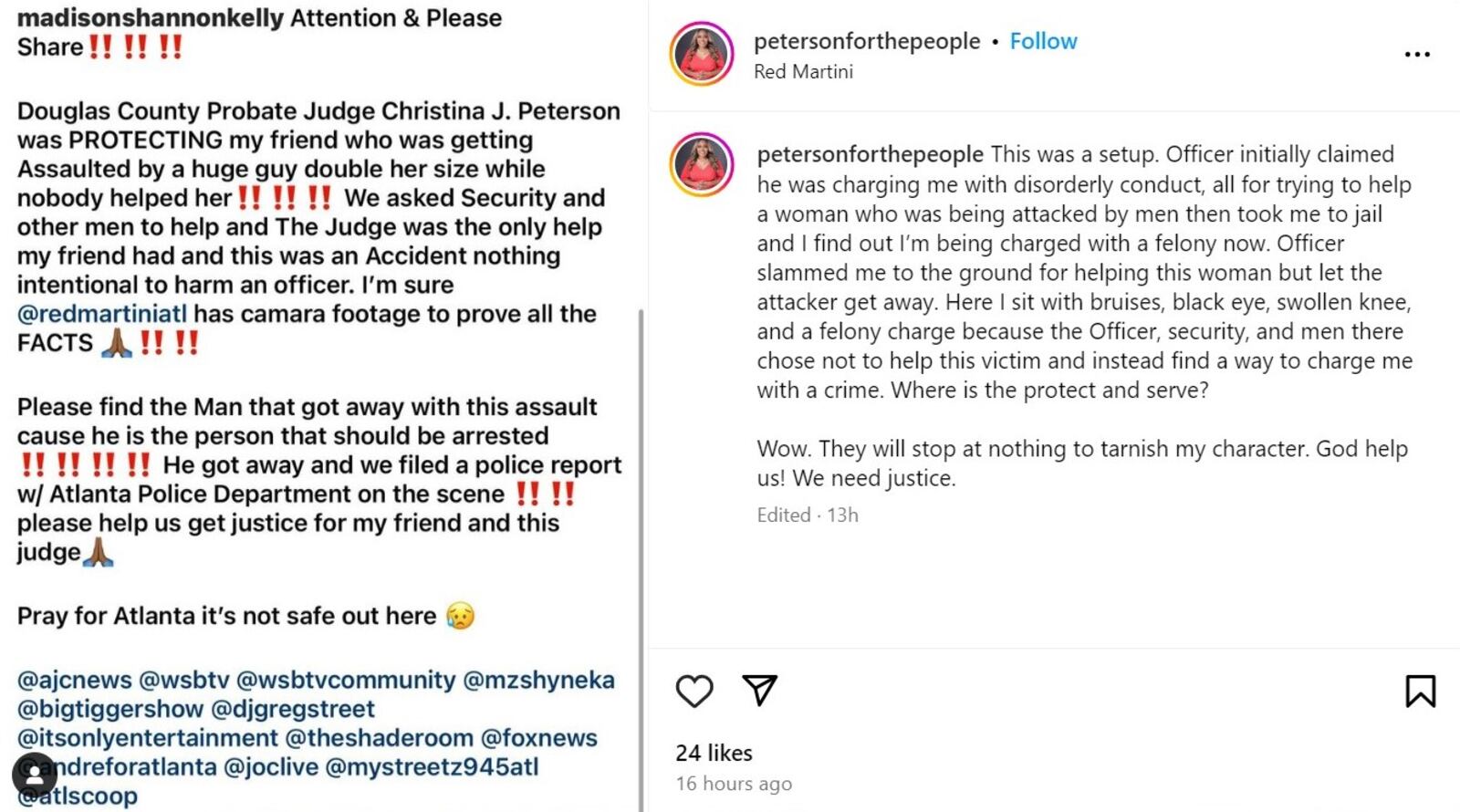 Christina Peterson publicly addressed her arrest on Instagram