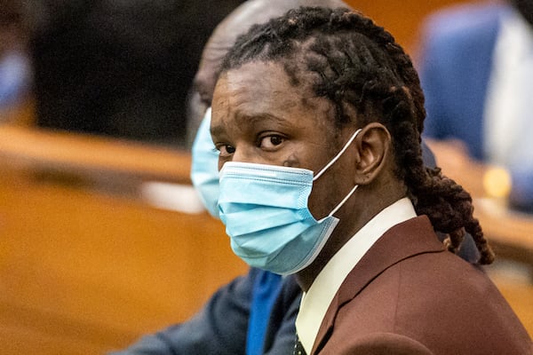  Young Thug, whose real name is Jeffery Williams, waits for the Jury selection portion of the trial to continue in a Fulton County courtroom Tuesday, Jan. 24, 2023. (Steve Schaefer/steve.schaefer@ajc.com)