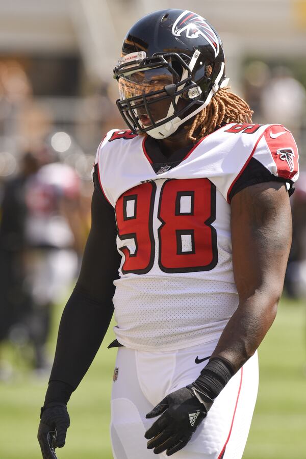 Atlanta Falcons defensive end Takkarist McKinley (98) warms up before of an NFL preseason football game against the Pittsburgh Steelers, Sunday, Aug. 20, 2017, in Pittsburgh. (AP Photo/Don Wright)