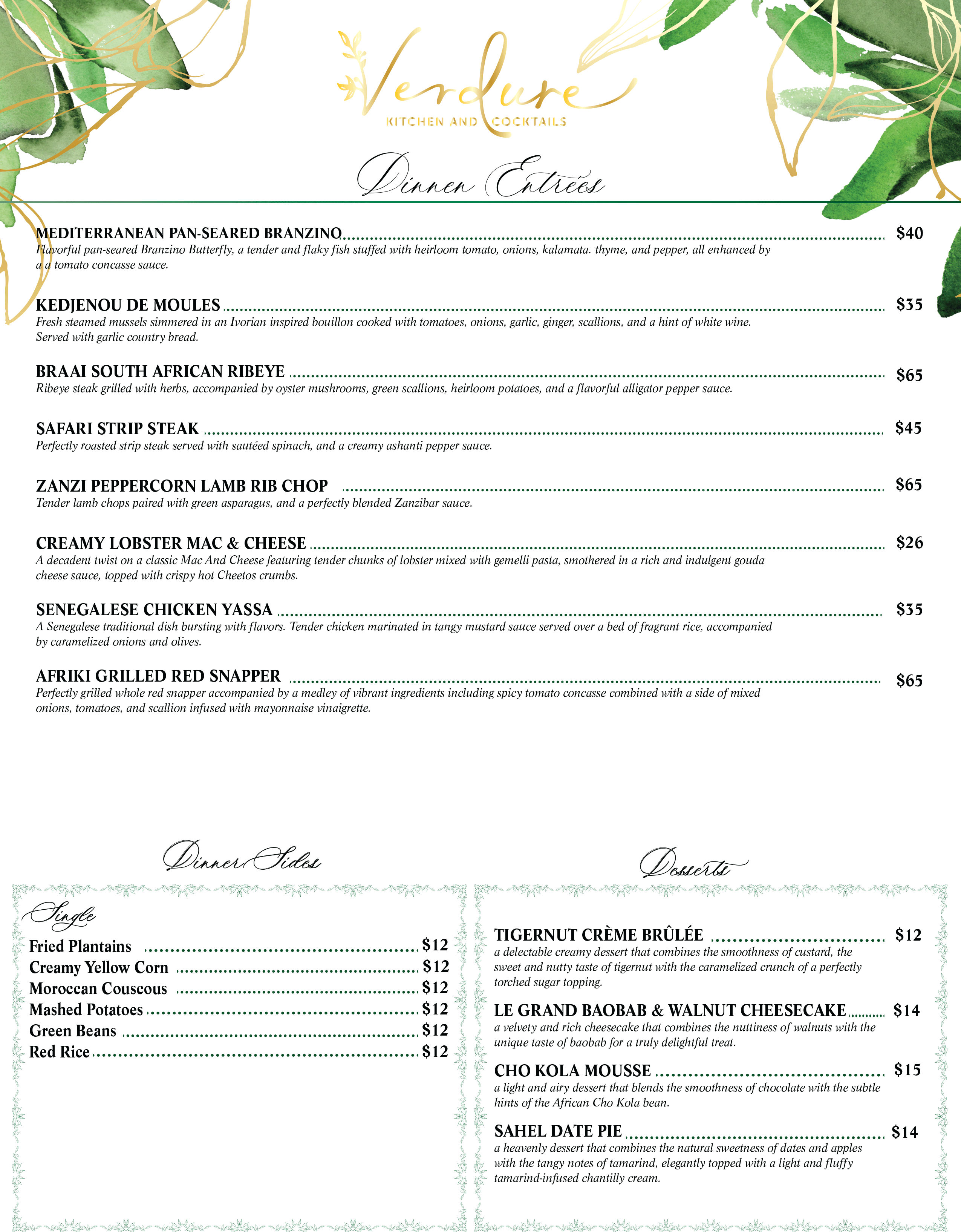 Menu for Verdure Kitchen + Cocktails