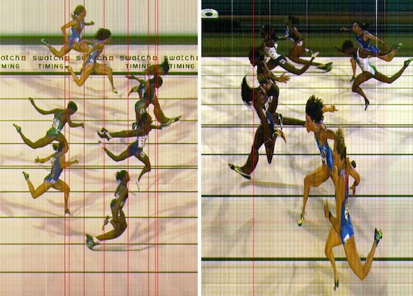 These two views show the women's 100 meter final finish line seen from the stands (left) and from the infield camera (right) at the Olympic Stadium during the 1996 Summer Olympic Games Saturday July 27, 1996 in Atlanta. Officials determined that Gail Devers of the United States won the gold by .005 seconds over Merlene Ottey of Jamaica. At left photo, Gail Devers is shown at top right, below her is Merlene Ottey, and below Ottey is Gwen Torrence. At right photo Devers is at left with feet having already crossed the finish line, Ottey is seen at right above her, and Torrence is above Ottey. (AP)