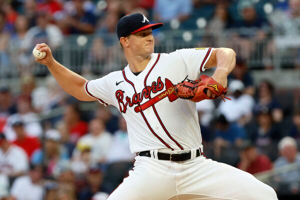 Braves starting pitcher Michael Soroka (40) throws a pitch to a New York Mets batter during the first inning at Truist Park on Tuesday, Sep. 5, 2023, in Atlanta. 
Miguel Martinez / miguel.martinezjimenez@ajc.com 