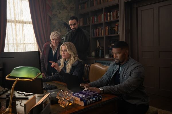 Back In Action. (L to R)  Glenn Close as Ginny, Jamie Demetriou as Nigel, Cameron Diaz as Emily and Jamie Foxx as Matt  in Back In Action. Cr. John Wilson/Netflix © 2024.