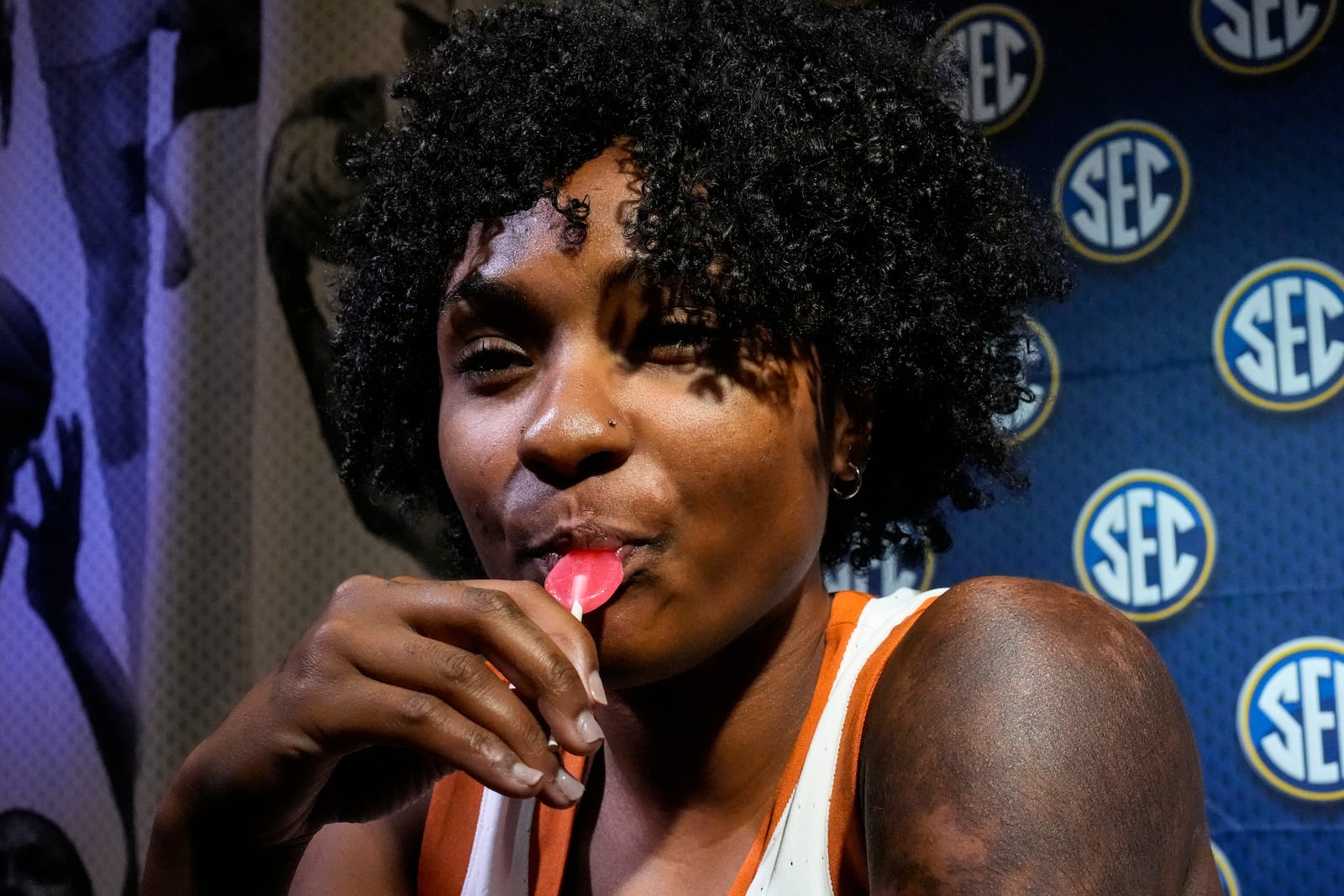 Texas player Rori Harmon is shown during NCAA women's college basketball Southeastern Conference Media Day, Wednesday, Oct. 16, 2024, in Birmingham, Ala. (AP Photo/Mike Stewart)