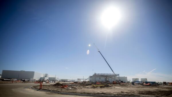 ELLABELL, GA - FEBRUARY 08, 2024: Contractors work on the Hyundai Motor Group Metaplant America, Thursday, Feb. 8, 2024, Ellabell, Ga. The electric vehicle plant will hire more than 8,000 workers. (AJC Photo/Stephen B. Morton)