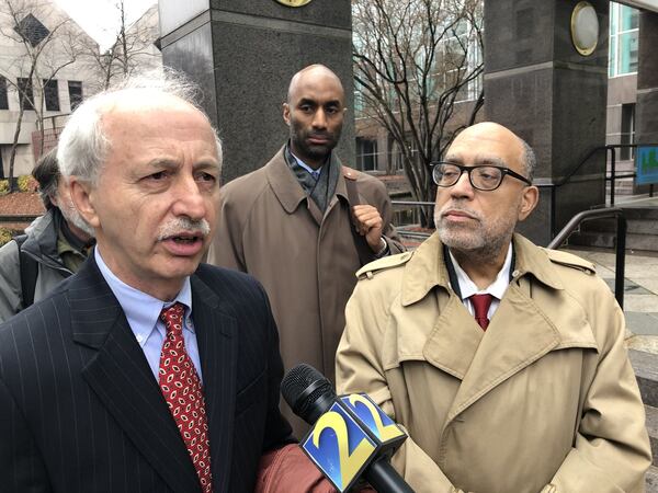 Redlight the Gulch Coalition leaders Julian Bene, left, the group’s attorney, Carranza Pryor, and former state Sen. Vincent Fort speak following a court hearing involving public bonds for the $5 billion Gulch redevelopment project on Monday, December 10, 2018. J. SCOTT TRUBEY/STRUBEY@AJC.COM