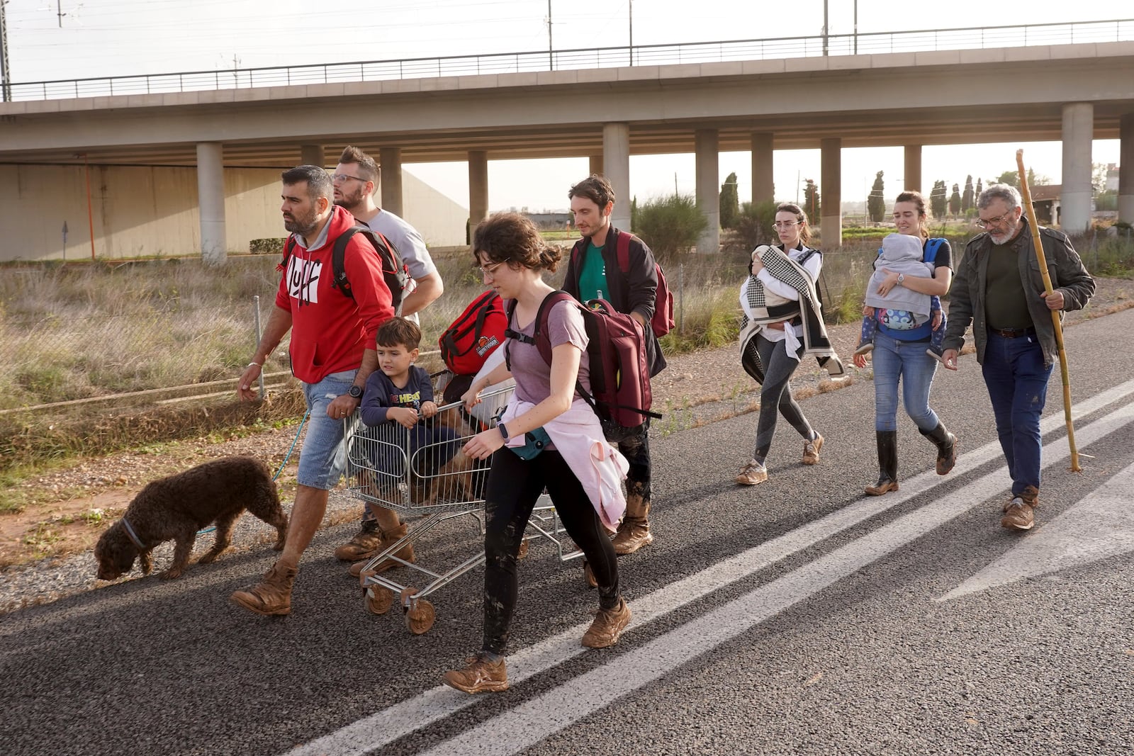 People walk along the road after leaving their homes flooded by the floods in Paiporta, near Valencia, Spain on Wednesday, Oct. 30, 2024. (AP Photo/Alberto Saiz)