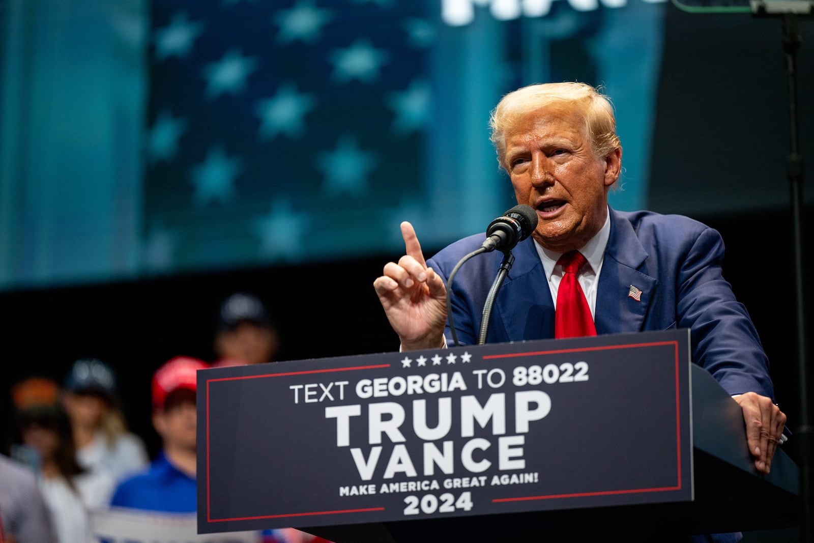 Republican presidential nominee, former U.S. President Donald Trump speaks at a campaign rally at the Johnny Mercer Theatre on Sept. 24, 2024 in Savannah, Georgia.  (Brandon Bell/Getty Images/TNS)