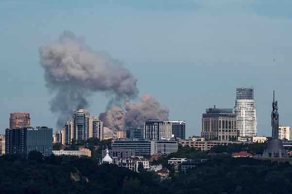 FILE - Smoke rises over the Kyiv skyline after a Russian attack, Monday, July 8, 2024. (AP Photo/ Evgeniy Maloletka, File)