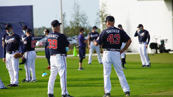 Braves pitching coach Rick Kranitz (left) and manager Brian Snitker oversee players as they gather for first workout for pitchers and catchers Thursday, Feb. 18, 2021, at the team's facility in North Port, Fla. (Bill Willias/Atlanta Braves)