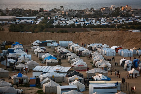 A view of a tent camp for displaced Palestinians in Khan Younis, Gaza Strip, Saturday, Jan. 18, 2025. (AP Photo/Jehad Alshrafi)