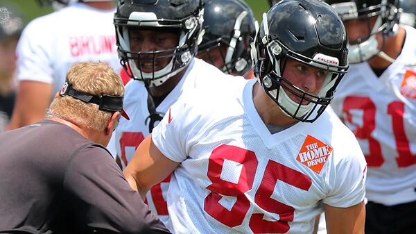 Falcons tight end Eric Saubert runs an agility drill during the first day of mini-camp on Tuesday, June 13, 2017, in Flowery Branch.