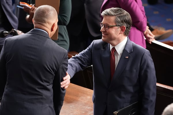 House Speaker Mike Johnson, R-La., right, speaks with House Minority leader Hakeem as the House of Representatives meets to elect a speaker and convene the new 119th Congress at the Capitol in Washington, Friday, Jan. 3, 2025. (AP Photo/Jacquelyn Martin)