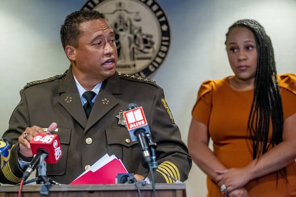  Fulton County Sheriff Patrick “Pat” Labat speaks at a press conference at the Fulton County Courthouse in Atlanta Thursday, Aug. 5, 2021. Steve Schaefer / Steve.Schaefer@ajc.com
