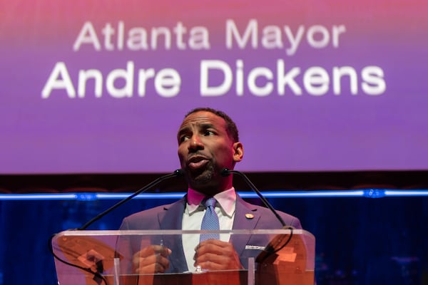 Mayor Andre Dickens gives the final State of the City address of his first term at Woodruff Arts Center in Atlanta on Tuesday, February 25, 2025. (Arvin Temkar / AJC)