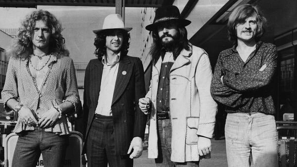 A photo of Led Zeppelin in June  of 1973. From left to right, Robert Plant, Jimmy Page, John Bonham (1947 - 1980) and John Paul Jones. 