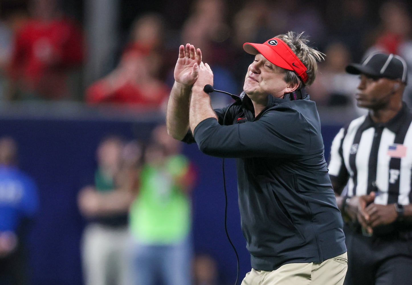 Georgia Bulldogs head coach Kirby Smart reacts during the fourth quarter of the SEC Championship football game against the Alabama Crimson Tide at the Mercedes-Benz Stadium in Atlanta, on Saturday, December 2, 2023. (Jason Getz / Jason.Getz@ajc.com)