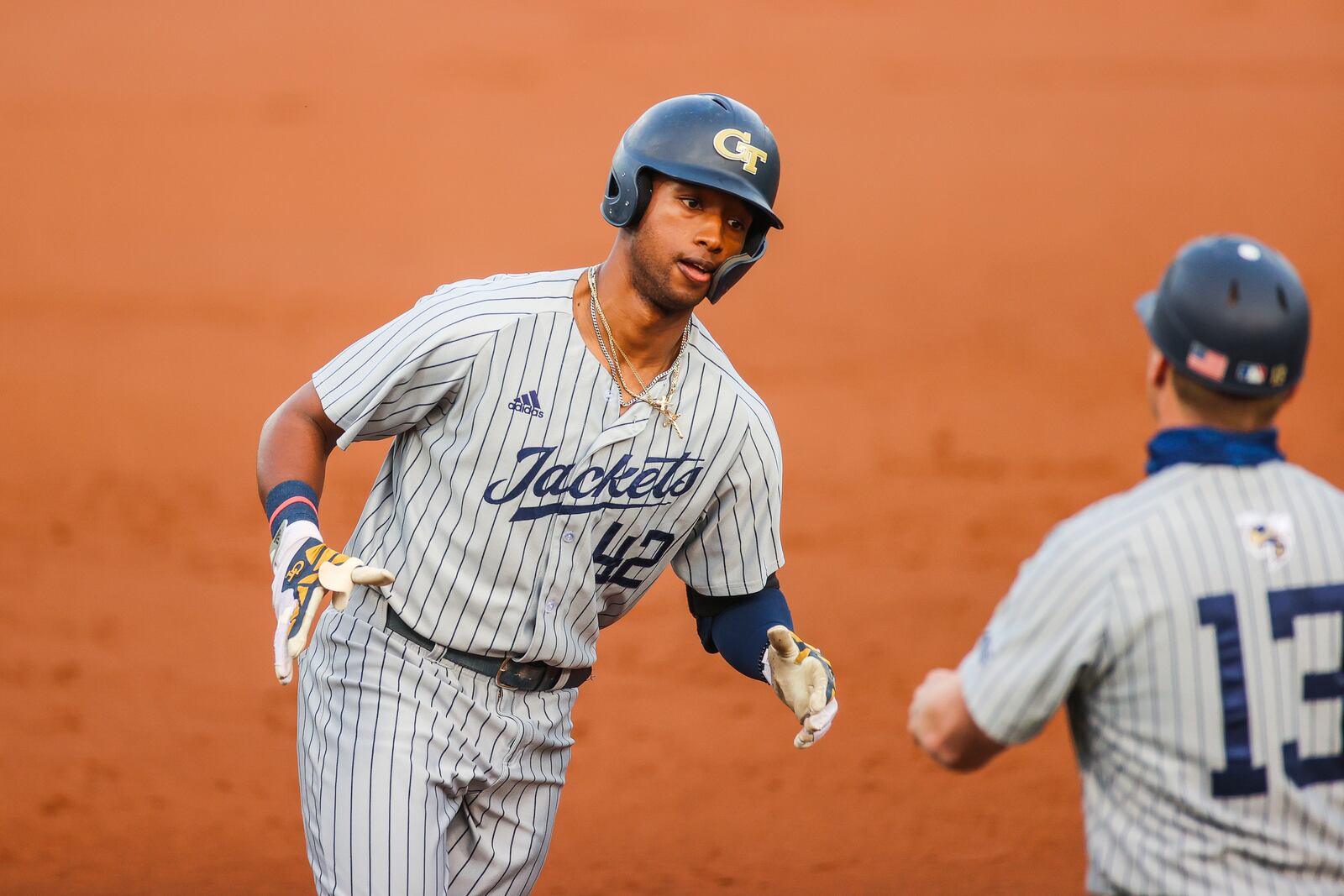 Georgia Tech's Justyn-Henry Malloy rounds third after hitting a three-run home run during a game against Georgia at Foley Field in Athens, Ga., on Tuesday, April 27, 2021. (Photo by Tony Walsh/UGA Athletics)