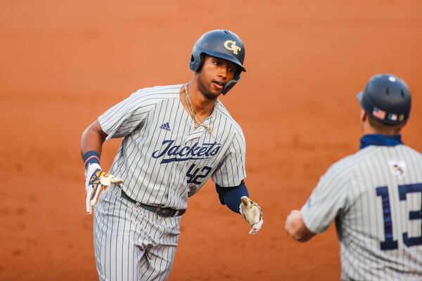 Georgia Tech's Justyn-Henry Malloy rounds third after hitting a three-run home run during a game against Georgia at Foley Field in Athens, Ga., on Tuesday, April 27, 2021. (Photo by Tony Walsh/UGA Athletics)