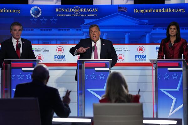 Some of the participants in Wednesday's Republican presidential candidates debate in Simi Valley, Calif., took shots at the leader in polling, former President Donald Trump, for not being at the event to defend his record in the White House. They included former New Jersey Gov. Chris Christie, who dubbed Trump "Donald Duck" for ducking the debates. (Todd Heisler/The New York Times)
                      