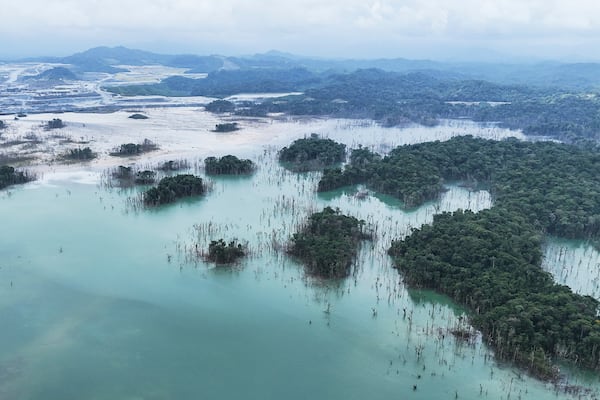 A view of the tailing management ponds in the Cobre Panama copper mine, owned by Canada's First Quantum Minerals, in Donoso, Panama, Friday, March 21, 2025, during a media tour of the mine that was closed after Panama's Supreme Court ruled that the government concession was unconstitutional. (AP Photo/Matias Delacroix)