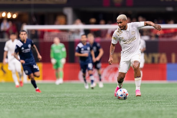 Atlanta United forward Josef Martinez (7) dribbles against NYCFC Wednesday, Oct. 20, 2021,at Mercedes-Benz Stadium in Atlanta. (Jacob Gonzalez/Atlanta United)