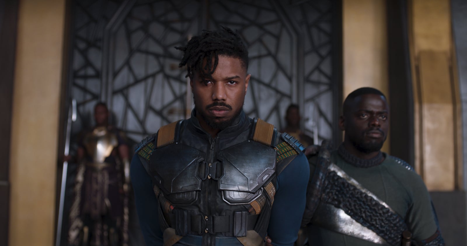 Marvel Studios' BLACK PANTHER..L to R: Erik Killmonger (Michael B. Jordan) and W'Kabi (Daniel Kaluuya)..Ph: Film Frame..Â©Marvel Studios 2018