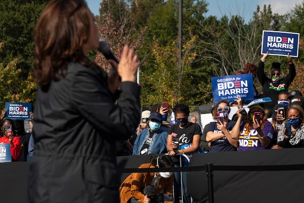 Democratic vice presidential candidate U.S. Sen. Kamala Harris, D-Calif., addresses a crowd during a campaign rally at the Infinite Energy Center on Sunday, Nov. 1, 2020, in Duluth. (Photo: John Amis for The Atlanta Journal-Constitution)