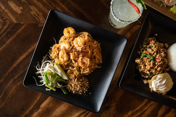 Rickshaw Thai Street Food Pad Thai with shrimp, thin rice noodles, bean sprouts, green onions, and egg stir-fried in tamarind sauce. (Mia Yakel for The Atlanta Journal-Constitution)