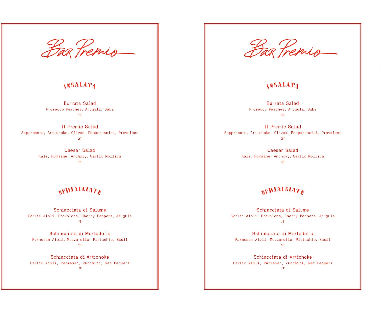 The menu for Bar Premio at Forth Hotel in Atlanta.