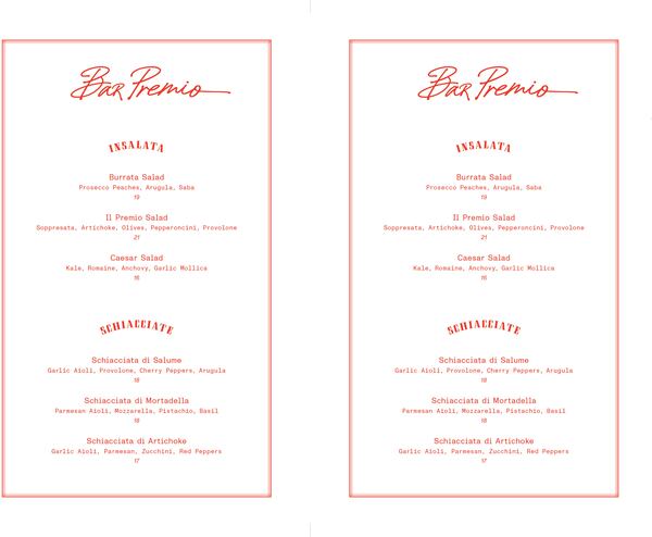 The menu for Bar Premio at Forth Hotel in Atlanta.