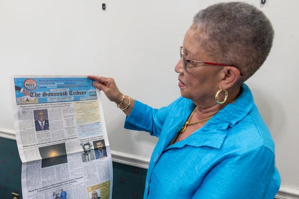 Shirley James looks at the primary election edition newspaper at the Savannah Tribune newspaper office on May 29, 2024, in Savannah. Katelyn Myrick/AJC 2024