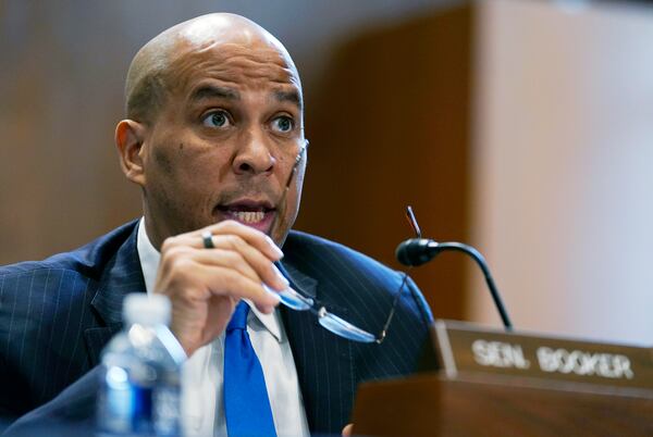 FILE - Sen. Cory Booker, D-N.J., speaks during a Senate Environment and Public Works subcommittee hearing, April 5, 2022, on Capitol Hill in Washington. (AP Photo/Mariam Zuhaib, File)